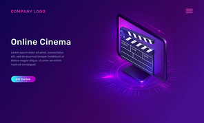 Online cinema or movie, isometric concept vector illustration. Computer monitor or TV screen, clapperboard on ultraviolet background. Home cinema website landing page