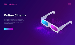 Online cinema or movie, isometric concept vector illustration. 3D glasses icon isolated on ultraviolet background. Home cinema website landing page