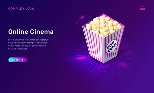 Online cinema or movie, isometric concept vector illustration. 3D popcorn bucket icon isolated on ultraviolet background. Home cinema website landing page
