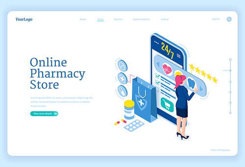Online pharmacy store banner. Mobile drugstore service. Vector landing page with isometric woman and smartphone with application for purchases medical drugs, pills and healthcare products