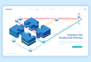 Production process improve isometric landing page, leverage connect puzzle pieces and artificial intelligence robot. Teamwork solutions, business team cooperation 3d vector illustration, web banner
