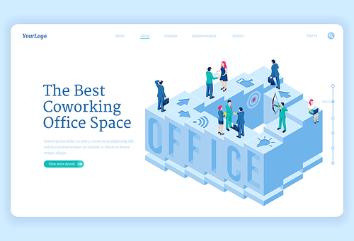 Coworking office space isometric landing page. Business people work, communicate, develop new projects and ideas in special area workplace for team cooperation and activity, 3d vector web banner