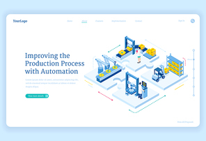 Production process with automation isometric landing page. Factory robotics arms on conveyor belt, smart warehouse logistics, cyborg industrial revolution, plant work improving 3d vector web banner