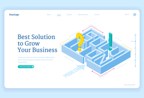 Best solutions for business grow isometric landing page with maze and question or exclamation marks inside, labyrinth challenge, aim achievement strategy, professional problem solve, 3d web banner