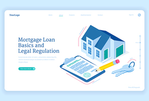 Mortgage loan regulation isometric landing page. Cottage house with key and contract document for sign. Hypothec debt basic and legal adjustment, personal bank credit for buying home, 3d web banner