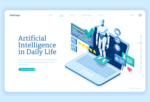 Artificial intelligence in daily life banner. Chat bot, digital assistant concept. Vector landing page of service with AI technologies. Isometric illustration of robot and laptop