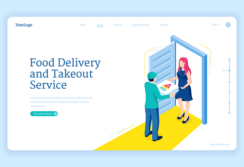 Food delivery and takeout service. Shipping order from restaurant, catering or store to house door. Vector landing page with isometric illustration of courier delivers pizza