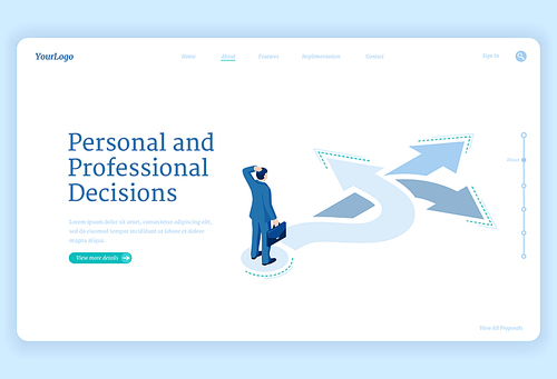 Professional decision, solution and choice isometric landing page. Business man stand on crossroads choose correct way for career opportunity, job or life path, solve problem 3d vector web banner