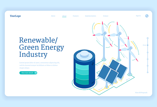 Renewable green energy industry isometric landing page. Sustainable development concept with windmill turbines, solar panels and battery, environment protection, conservation 3d vector web banner