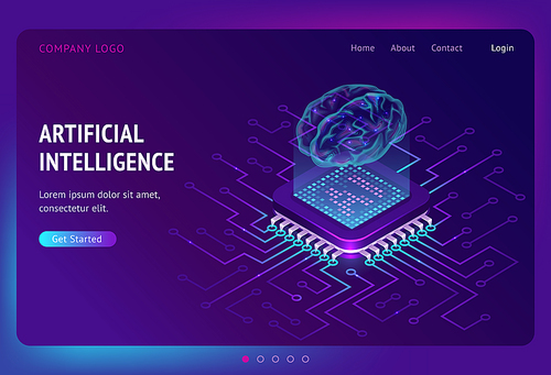 Artificial intelligence isometric landing page, ai technologies, glowing human brain levitate on antigravity platform with microcircuits on neon glowing futuristic background, 3d vector web banner