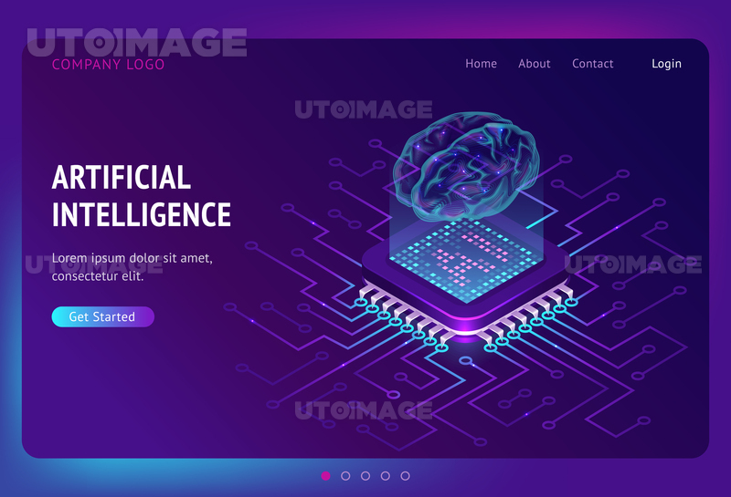 glowing human brain levitate on antigravity platform with microcircuits on neon glowing futuristic background, 3d vector web banner