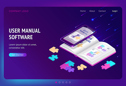 User manual software isometric landing page, guide book with tech documents on mobile phone screen. Instruction booklet, tutorial help, guidance information for gadgets, app. 3d vector web banner