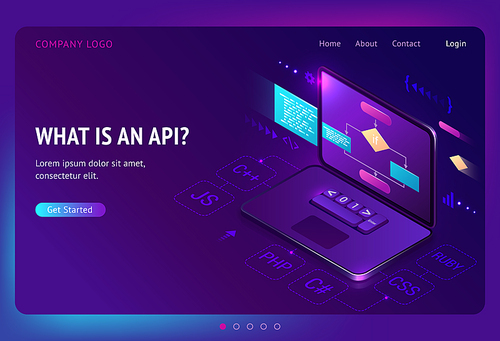 Api application programming interface isometric landing page, software development tool, information technology, programming languages on laptop screen, digital AI tech concept, 3d vector web banner