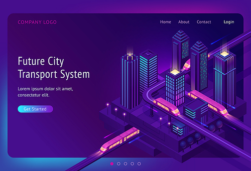 Futuristic town with train highway and skyscrapers at night. Future city transport system banner. Vector landing page of innovation in transport infrastructure with isometric cityscape