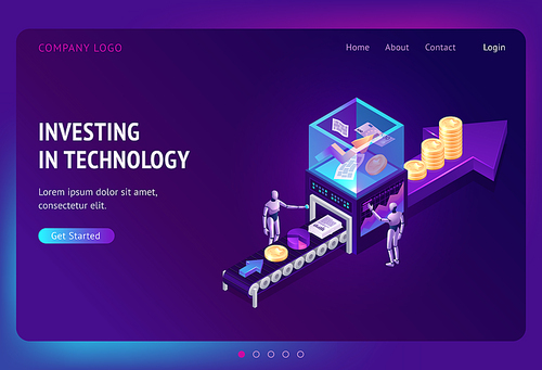 Investing in technology isometric landing page, cyborgs stand at conveyor belt with securities, growing arrow and money, robots processing data, investment strategy, robotization, 3d vector web banner