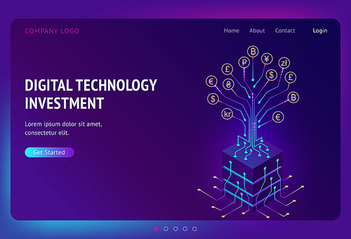 Digital technology investment isometric landing page. Business profit growth concept, returns on investment with money tree, currency and cryptocurrency coins on circuit branches, 3d vector web banner