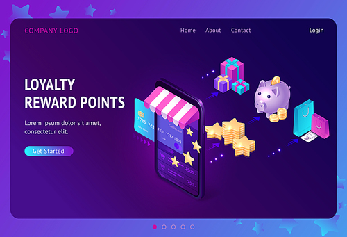 Loyalty program with bonus points isometric landing page. Service application for online shopping, credit card in store smartphone, gift boxes, bags, piggy bank and golden stars, 3d vector web banner