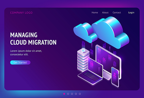 Digital data migration isometric landing page, cloud computing, media server, saas service for private information and files storage, gadgets connected in network system, web hosting 3d vector banner