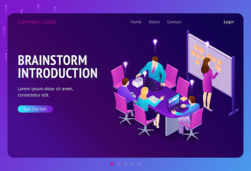 Brainstorm introduction isometric landing page. Business people team develop creative startup project, launch and share ideas sitting at office desk put sticky notes on whiteboard 3d vector web banner