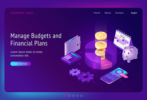 Manage budget and financial plans banner. Money accounting concept. Vector landing page of economic strategy, budget plan with isometric illustration of chart, coins, phone, calculator and piggy bank