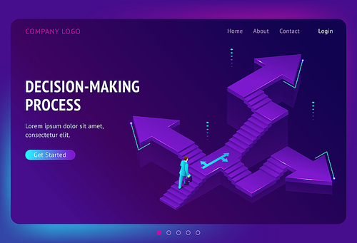 Decision making process banner. Concept of choose right way in business, job or life. Vector landing page with isometric illustration of man on stairs with different directions