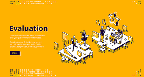 Evaluation banner. Customer review, feedback about quality, experience report. Vector landing page of rating service with isometric illustration of people, stars and chart