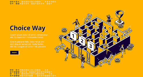 Choice way isometric landing page, business men choose between three doors to enter in maze, employees overcoming labyrinth challenge, aim achievement, task solutions, 3d vector line art web banner