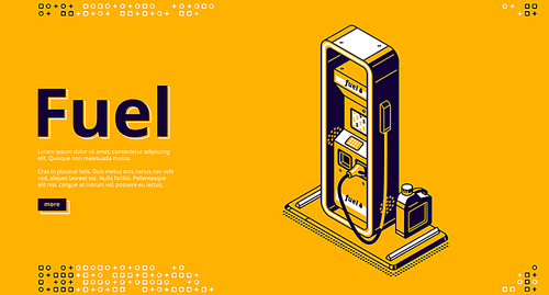 Fuel, petroleum fueling service isometric landing page. Gas, gasoline, diesel or oil car filling company, station with pistol, hose and canister on yellow background, 3d vector line art web banner