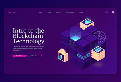 Intro to blockchain technology isometric landing page. Cryptocurrency mining concept with data center or server room blocks, bitcoin, shield, key hole on neon glowing background, 3d vector web banner