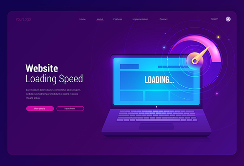 Website loading speed banner. Online test of download performance of web page. Vector landing page of internet connection optimization with illustration of laptop and speedometer on purple background
