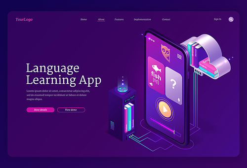 Language learning app banner. Mobile online education service, digital training foreign languages. Vector landing page with study application on smartphone screen and computer cloud with books