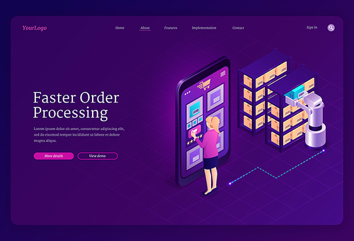 Faster order processing concept. Robotic automated process in warehouse, smart retrieval system for storage. Vector landing page of RPA with isometric woman manage logistic with smartphone