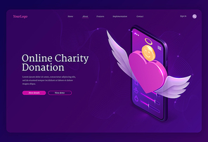 Online charity donation banner. Mobile app for financial donate, fundraiser, volunteer help. Vector landing page of digital service for charity with isometric heart and money on smartphone screen