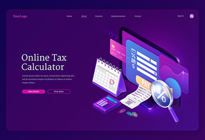 Online tax calculator banner. Concept of income audit, digital finance analysis and taxation payments. Vector landing page with isometric accounting form on computer monitor, receipt and credit card