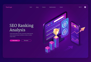 SEO ranking analysis banner. Digital analytics of search engine optimization of content. Vector landing page with isometric charts and graphs on computer and mobile screen