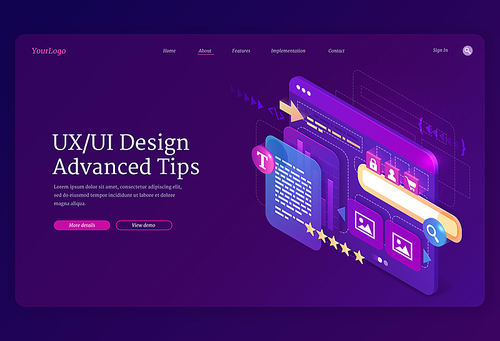 Ui ux design advanced tips isometric landing page. User experience, adaptive interface mobile phone layouts, website platform on screen. Gadget software application development, 3d vector web banner