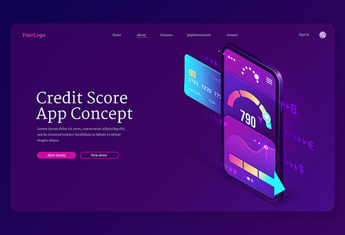 Credit score isometric landing page, bank consumer rating on smartphone screen with application meter. Loan approval and personal risk control banking mobile service, 3d vector web banner template