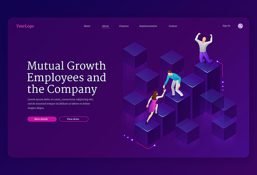 Mutual growth and assistance employees and company isometric landing page. Business team climbing up column chart, leader stand on top. Man pull teammate woman to peak, teamwork 3d vector web banner