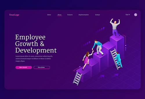 Employee growth and development banner. Concept of success in career, professional progress, teamwork and mutual support in business. Vector isometric illustration of people rise up on stairs
