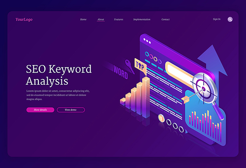 SEO keyword analysis banner. Research and analytics of search engine optimization of content. Vector landing page with isometric graphs, text on tablet screen and target