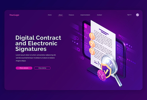 Digital contract and electronic signature isometric landing page, e-signature on document at pc screen with fingerprint, shield and magnifier, secured internet technology service, 3d vector web banner
