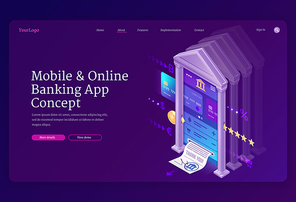 Online banking mobile app isometric landing page. Smart wallet concept with credit or debit card payment application on smartphone screen, secure money transaction, nfc technology 3d vector web banner
