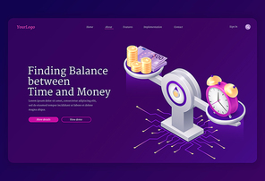 Time and money balance on scale. Concept of comparison work and value, financial profit. Vector landing page with isometric illustration of coins, cash and watch on weight scale