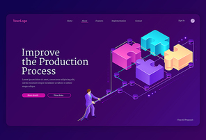 Teamwork concept with puzzle pieces and leverage. Improve production process banner. Vector landing page with isometric illustration of businessman connects jigsaw blocks together