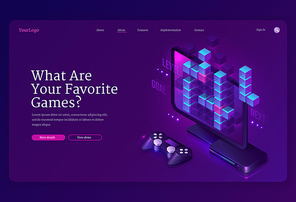 What you favorite games banner. Video and online games development, digital gadgets for players. Vector landing page with isometric computer monitor, console and joystick
