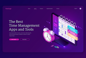 Time management apps and tools isometric landing page, computer desktop with planner or calendar on screen and alarm clock, pc software for work organization, planning and control 3d vector web banner