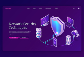Network security techniques banner. Concept of safety internet technologies, data secure. Vector landing page of information protect with isometric laptop, mobile phone, computer and shield icon