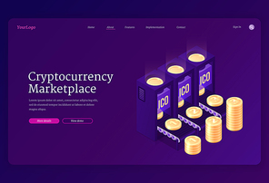 Cryptocurrency marketplace banner. Concept of online crypto currency exchange or transaction with blockchain and digital money. Vector landing page with isometric stacks of coins in web market