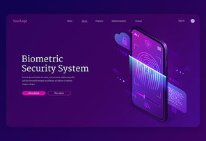 Biometric security system isometric landing page. Personal data protection, online access on smartphone screen with fingerprint and lock, user account verification and privacy, 3d vector web banner