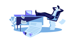 Happy businessman sits with his legs thrown on the table, a contract is successfully concluded, cartoon vector illustration